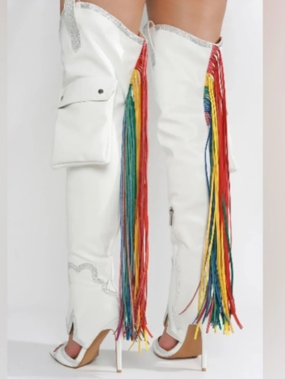 Cape Robbin Lise White Rainbow Fringe Cargo Western Thigh High Boots NWOT 8.5